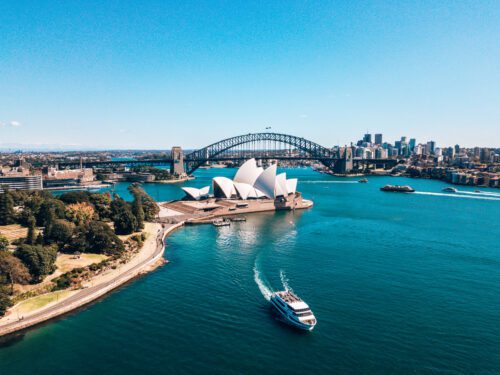 January 10, 2019. Sydney, Australia. Landscape aerial view of Sydney Opera house near Sydney business center around the harbour.